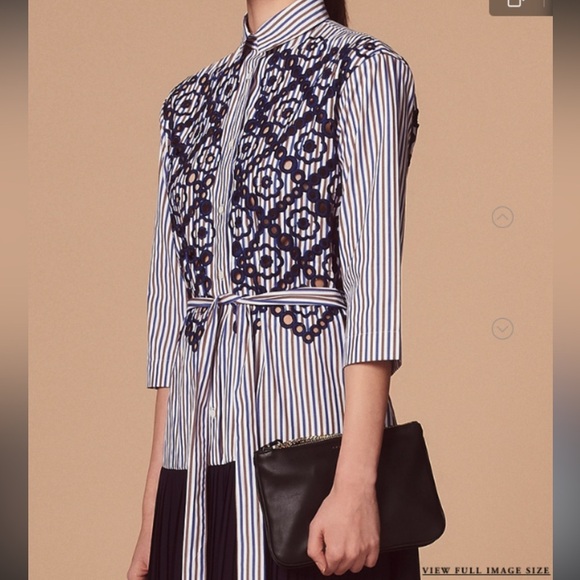 SANDRO Paris Josefine Pleated Evelet-lace midi Dress MSRP$515 - Picture 1 of 16